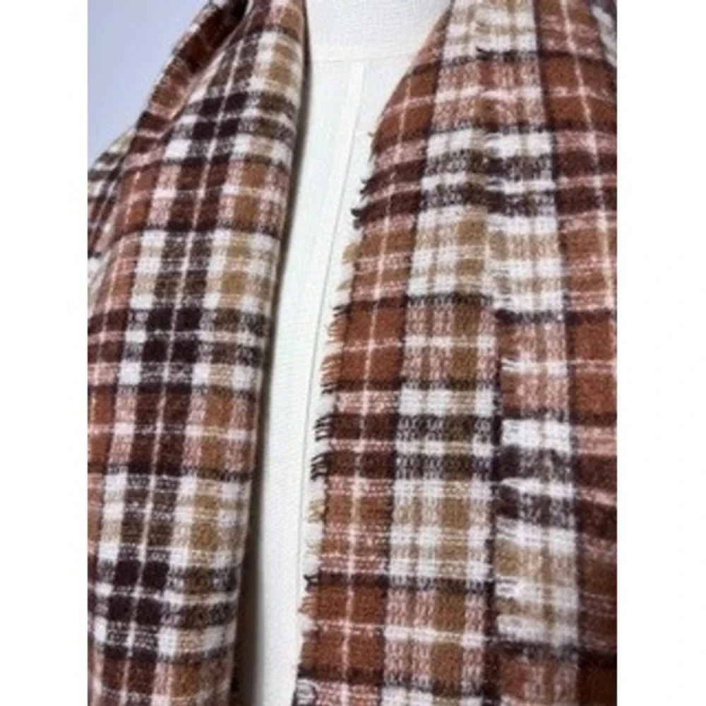 Old Navy Plaid Blanket Scarf Brown Tan Cream Fringe Soft Cozy 25